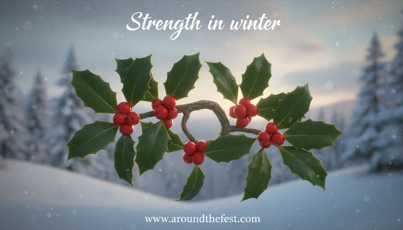 Holly branch with red berries symbolizing protection, endurance, and strength during Christmas.