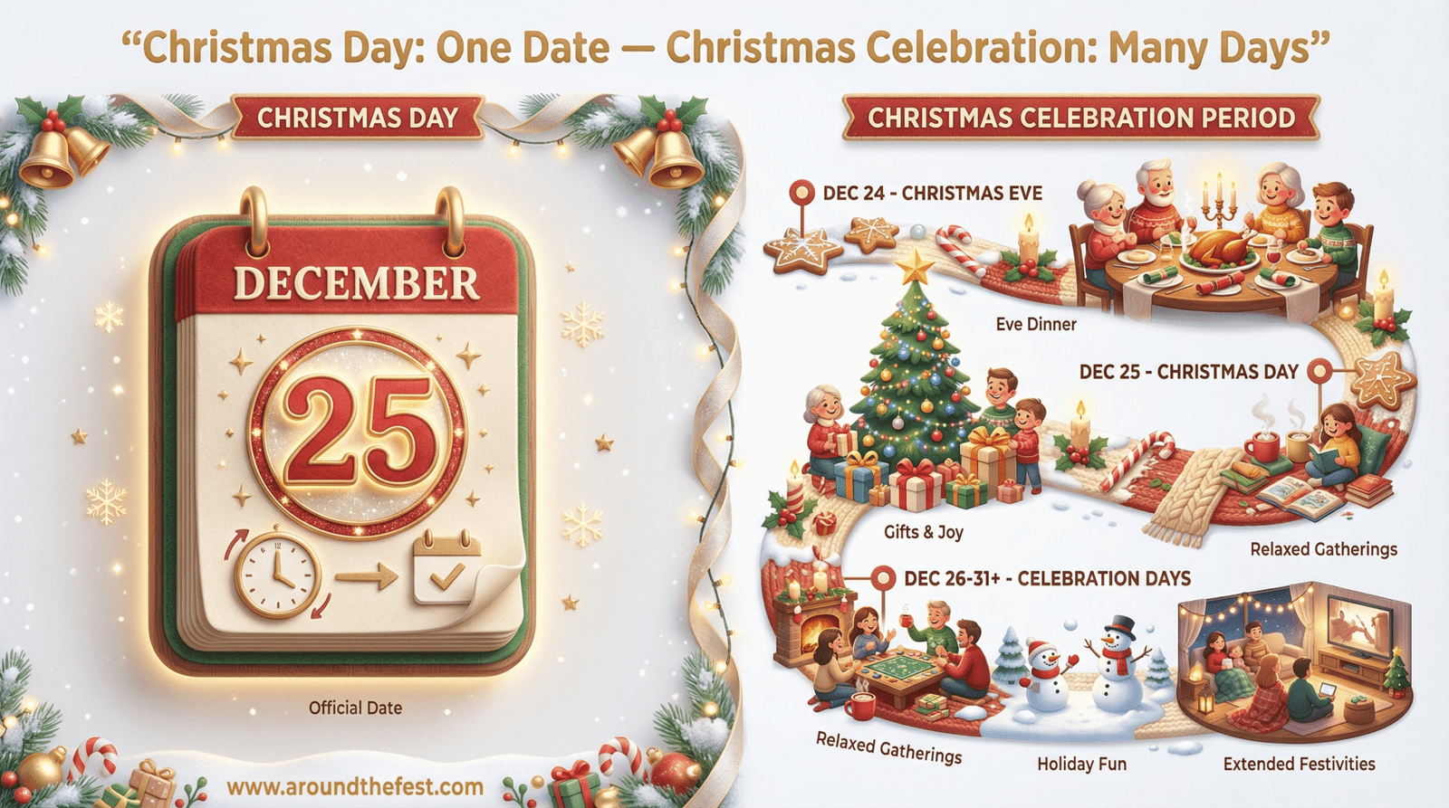 Infographic explaining December 25 while Christmas celebrations extend across multiple days through tradition and culture.