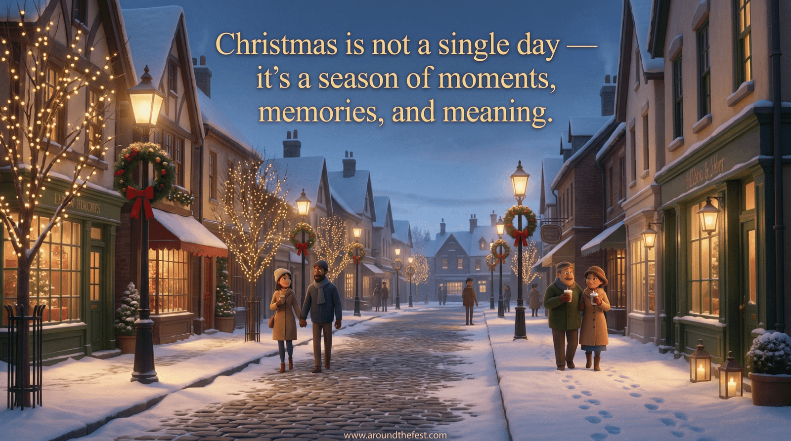 Christmas seasonal illustration showing festive lights and winter scenes with the quote “Christmas is not a single day — it’s a season of moments, memories, and meaning.”