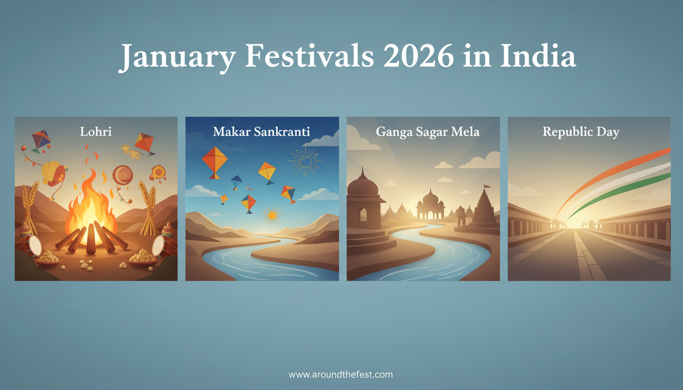 January Festivals 2026 in India featuring Lohri, Makar Sankranti, Ganga Sagar Mela, and Republic Day traditions