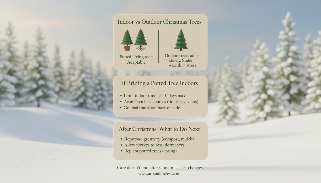 Infographic explaining indoor vs outdoor Christmas trees and how to care for them after Christmas.