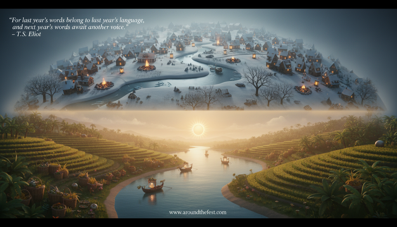 illustrated as a symbolic winter-to-harvest transition, representing renewal, reflection, and cultural unity at the start of the year