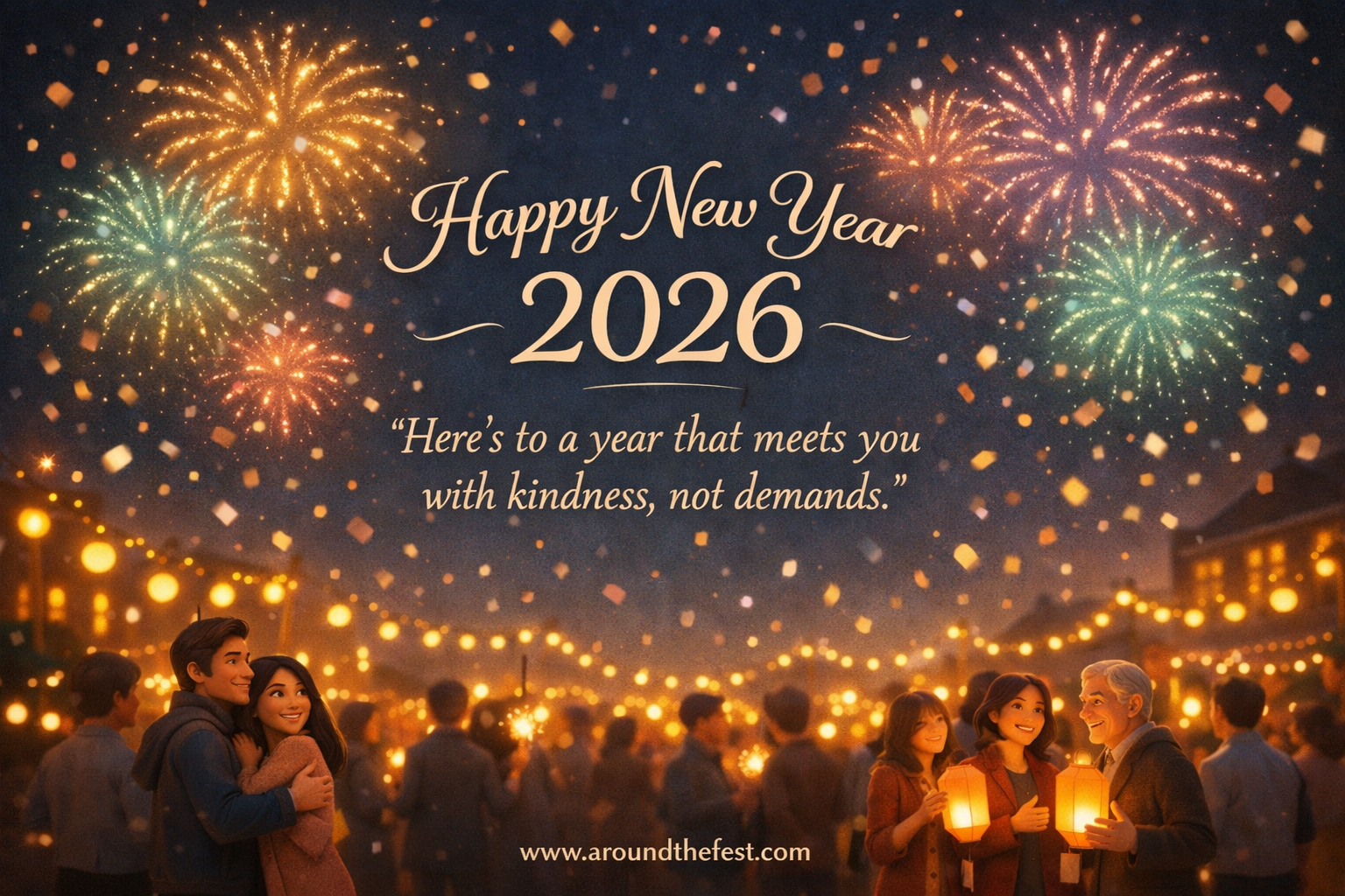 Warm and festive New Year 2026 celebration image with gentle fireworks, glowing lights, people celebrating together, and a thoughtful quote about honest beginnings.
