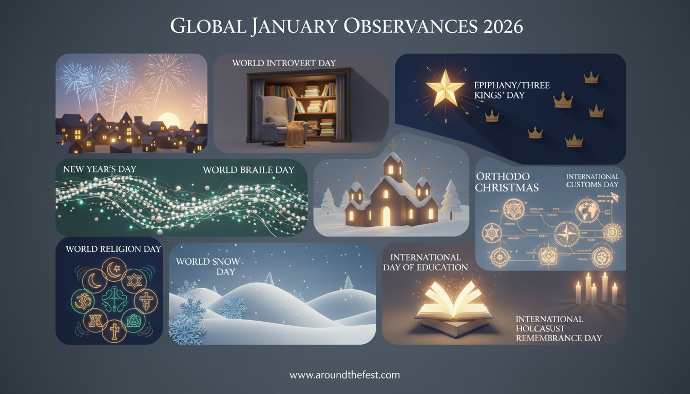  showing New Year, education, faith, winter traditions, and remembrance worldwide