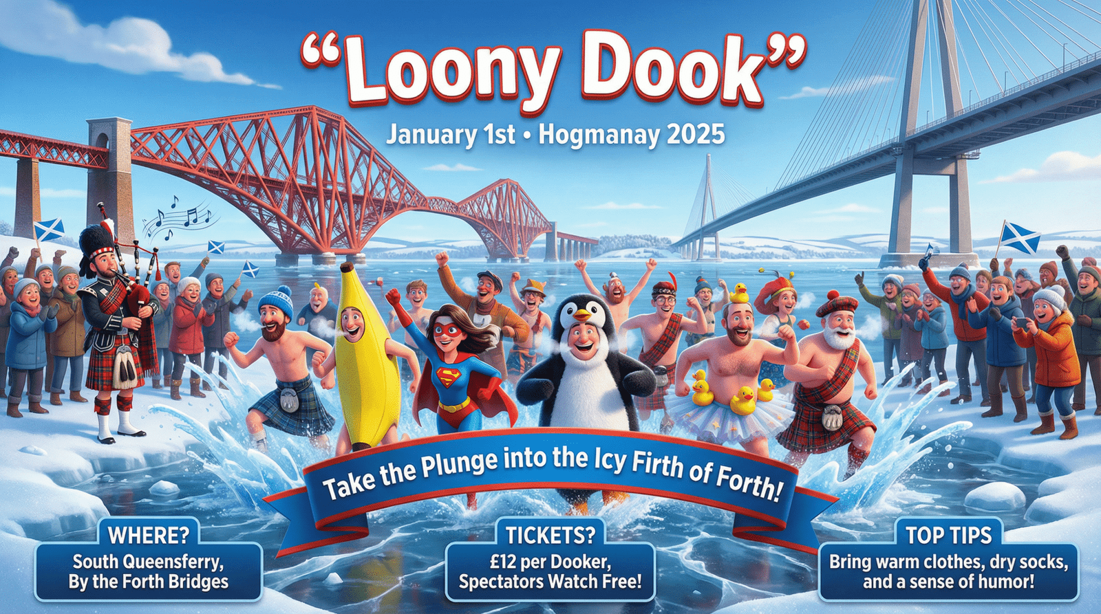 Loony Dook on January 1st during Hogmanay 2025, showing costumed participants plunging into the icy Firth of Forth at South Queensferry with the Forth Bridges in the background