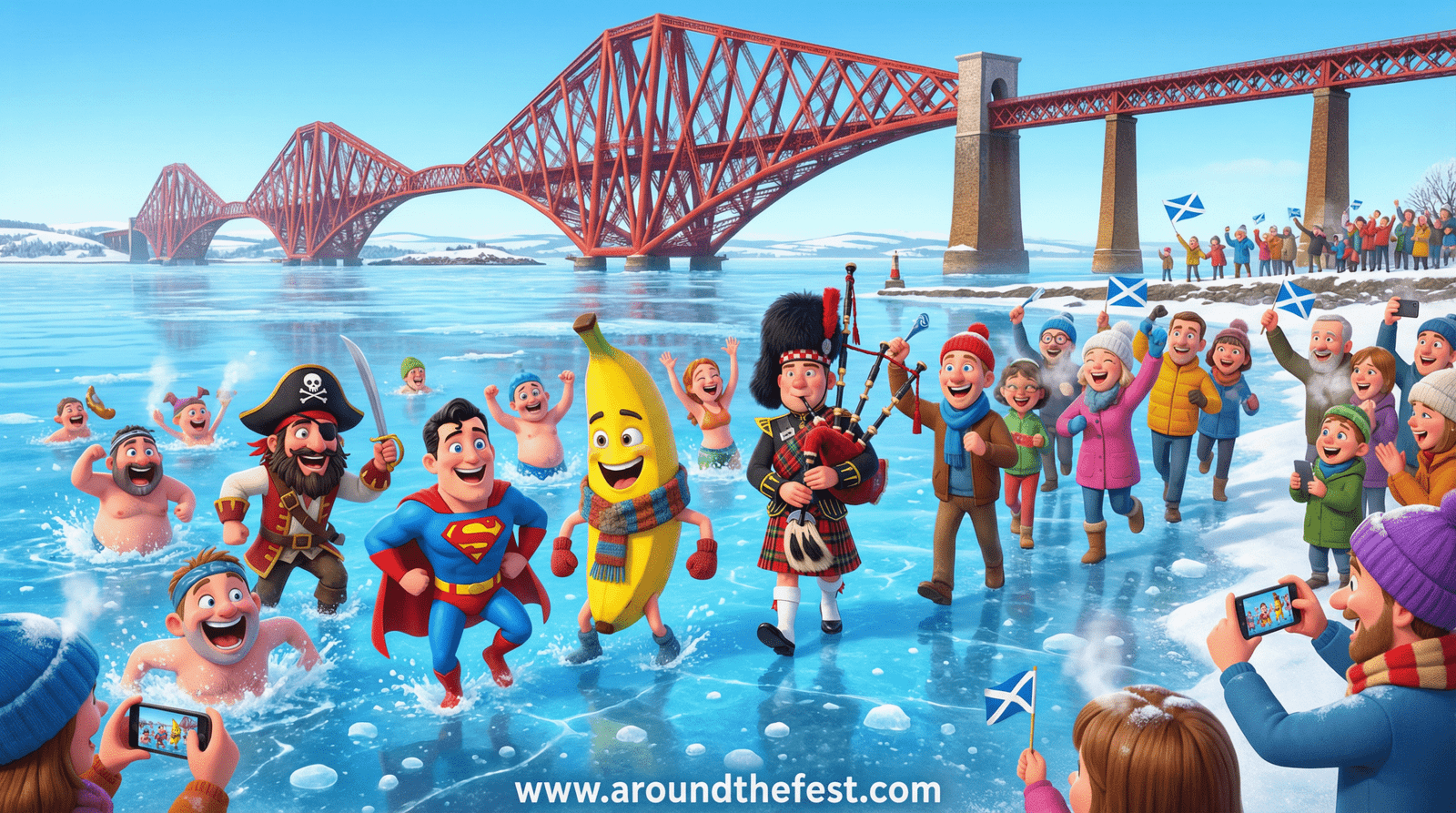 Loony Dook on January 1st during Hogmanay 2025, showing costumed participants plunging into the icy Firth of Forth at South Queensferry with the Forth Bridges in the background