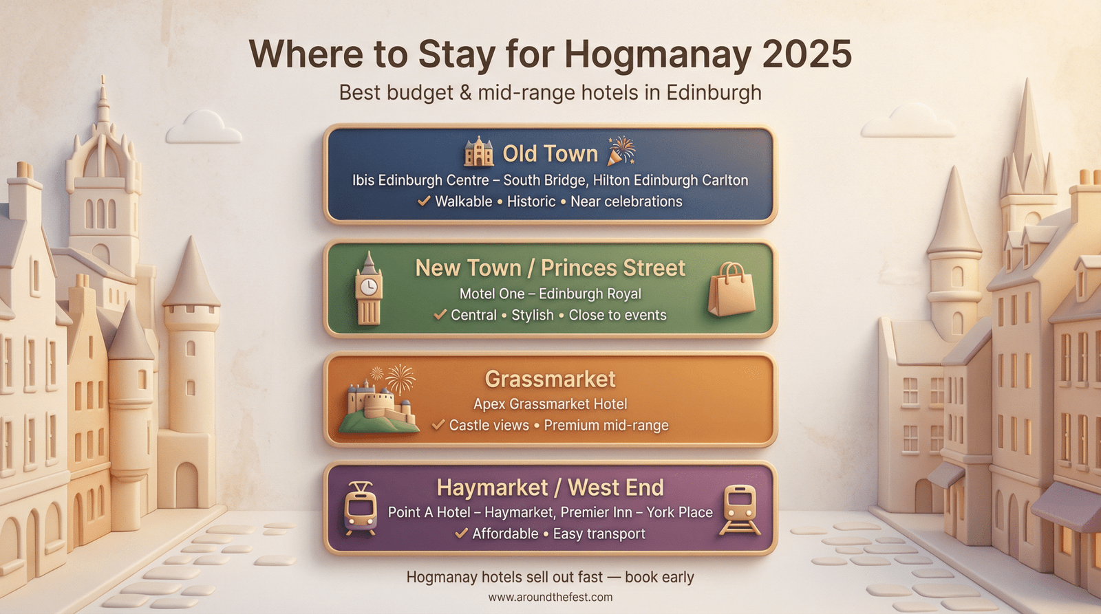 Poster-style image showing where to stay in Edinburgh for Hogmanay 2025 with hotel areas and website aroundthefest.com displayed at the bottom