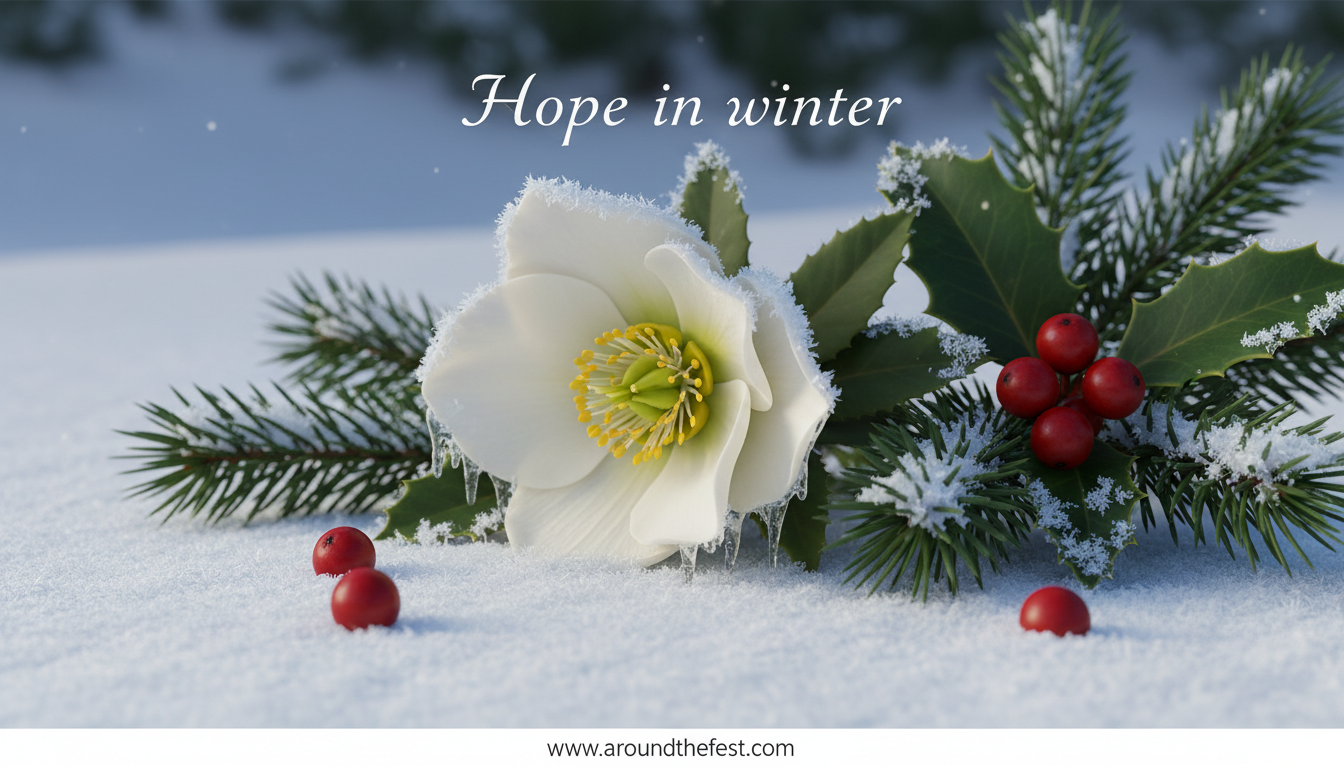 Winter-blooming Christmas flowers and evergreen plants shown against a calm winter background to represent endurance and hope.