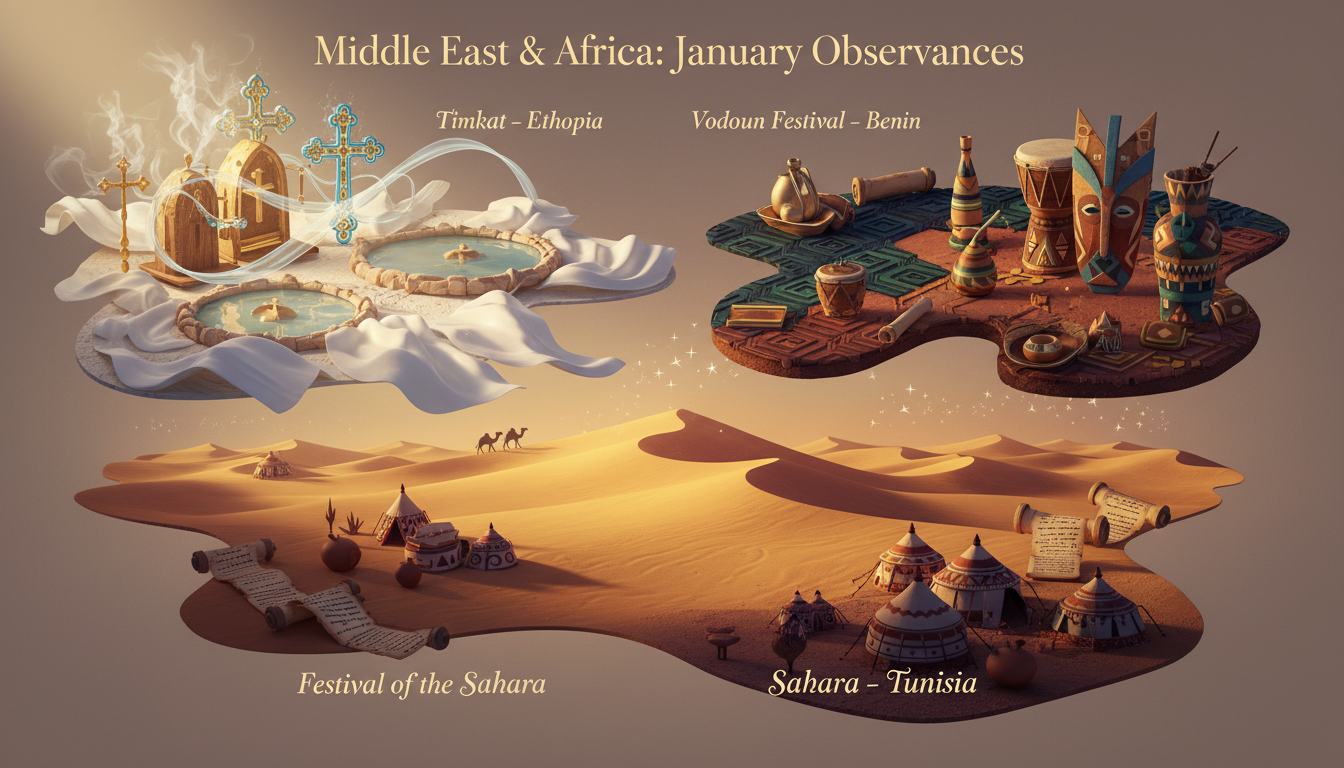Middle East and Africa January Festivals 2026 illustration featuring Timkat Ethiopia, Vodoun Festival Benin, Festival of the Sahara Tunisia, and Mawlid observances, with spiritual symbols