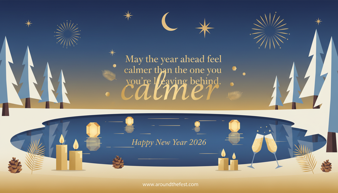 Calm Happy New Year Wishes 2026 image with peaceful winter night, soft golden lights, serene lake reflection, and inspirational New Year quote about calm beginnings