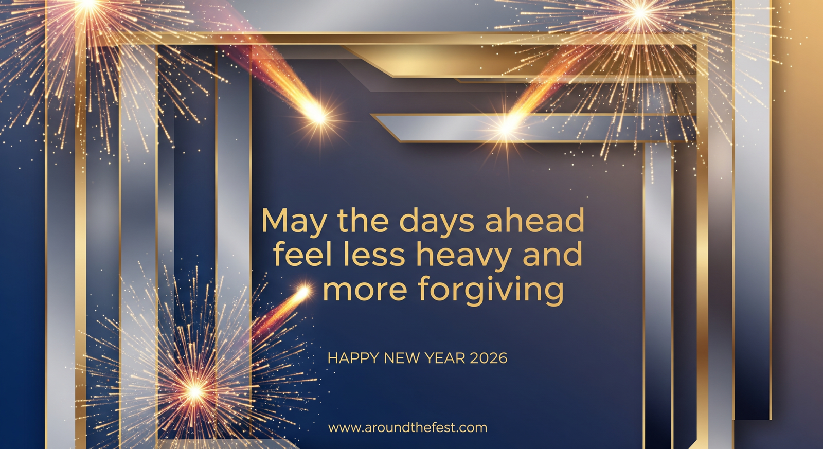 Cinematic New Year 2026 fireworks celebration with layered fireworks over a glowing city skyline, joyful crowd, golden confetti, and an uplifting New Year quote