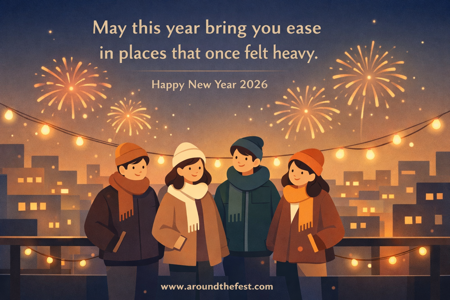 Animated friends standing together under soft New Year fireworks, symbolizing friendship, comfort, and hope for the year ahead.