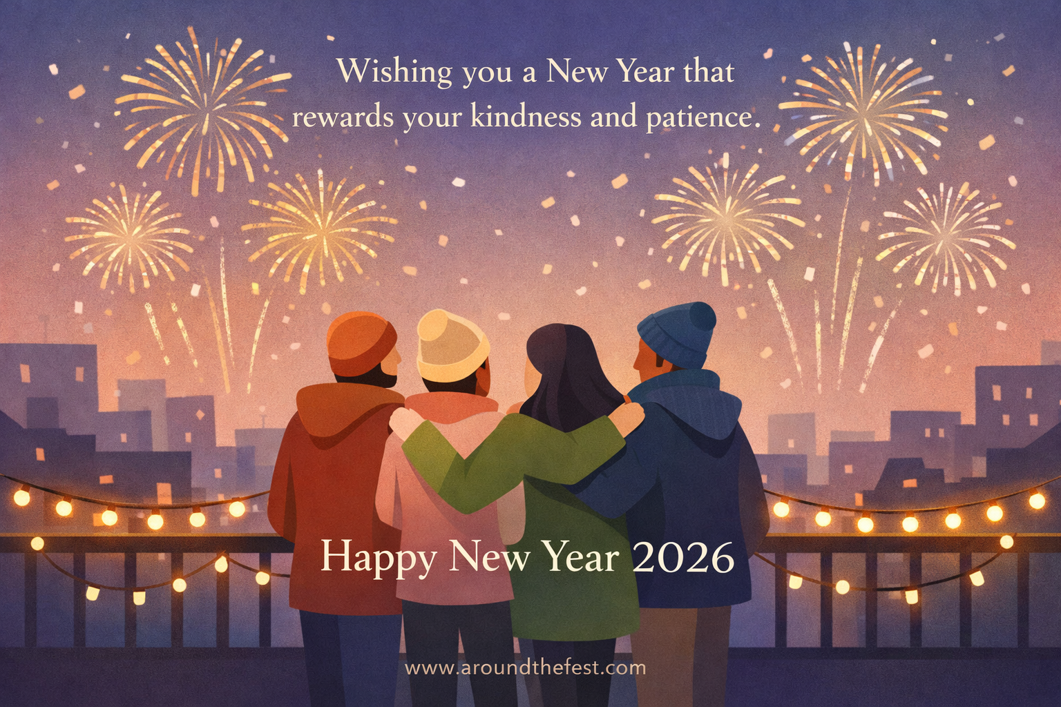 Animated friends celebrating Happy New Year Wishes 2026 together under glowing fireworks, symbolizing friendship, warmth, and hope.