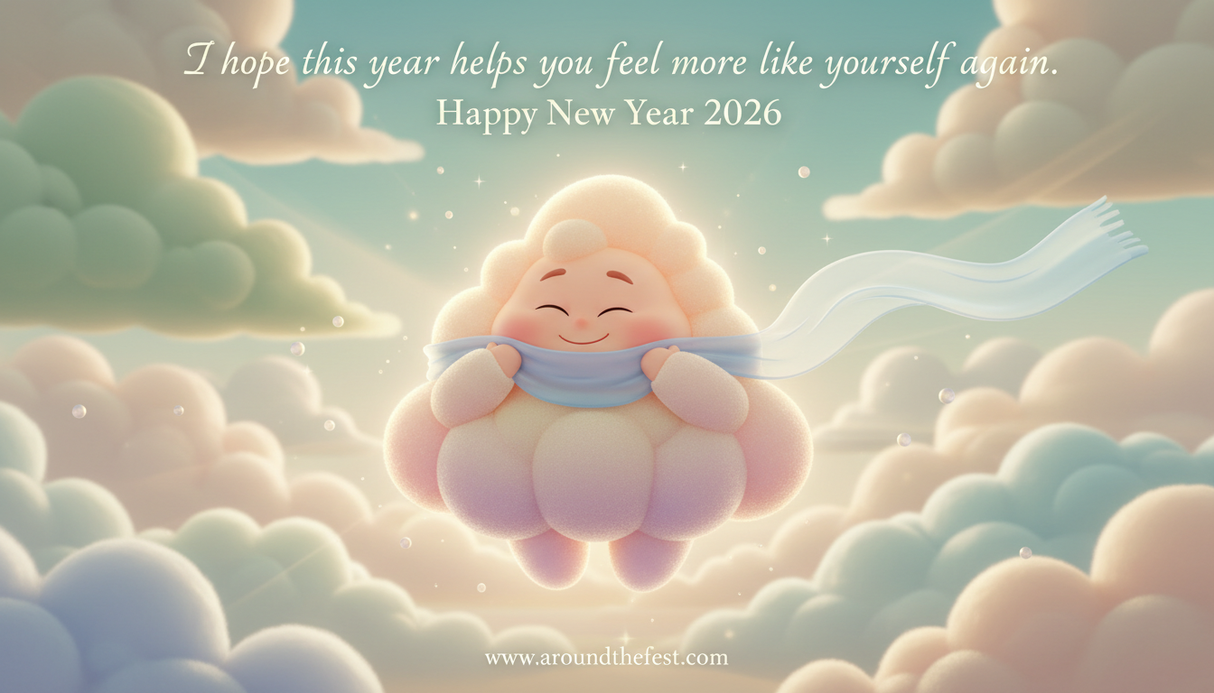 Happy New Year Wishes 2026 Cute cartoon character glowing softly, symbolizing healing, self-renewal, and emotional comfort.