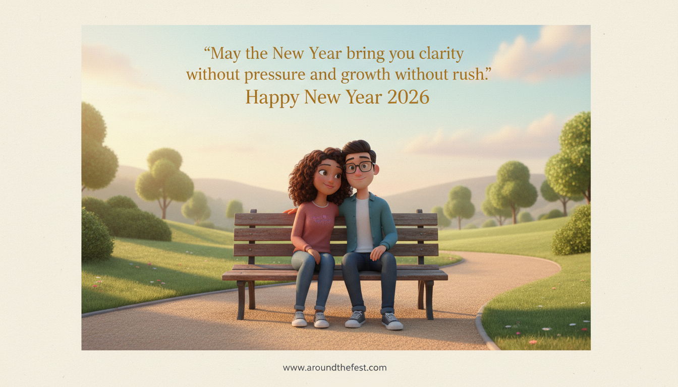 Friends sitting together on a bench in early morning light, symbolizing calm friendship and a peaceful Happy New Year Wishes 2026