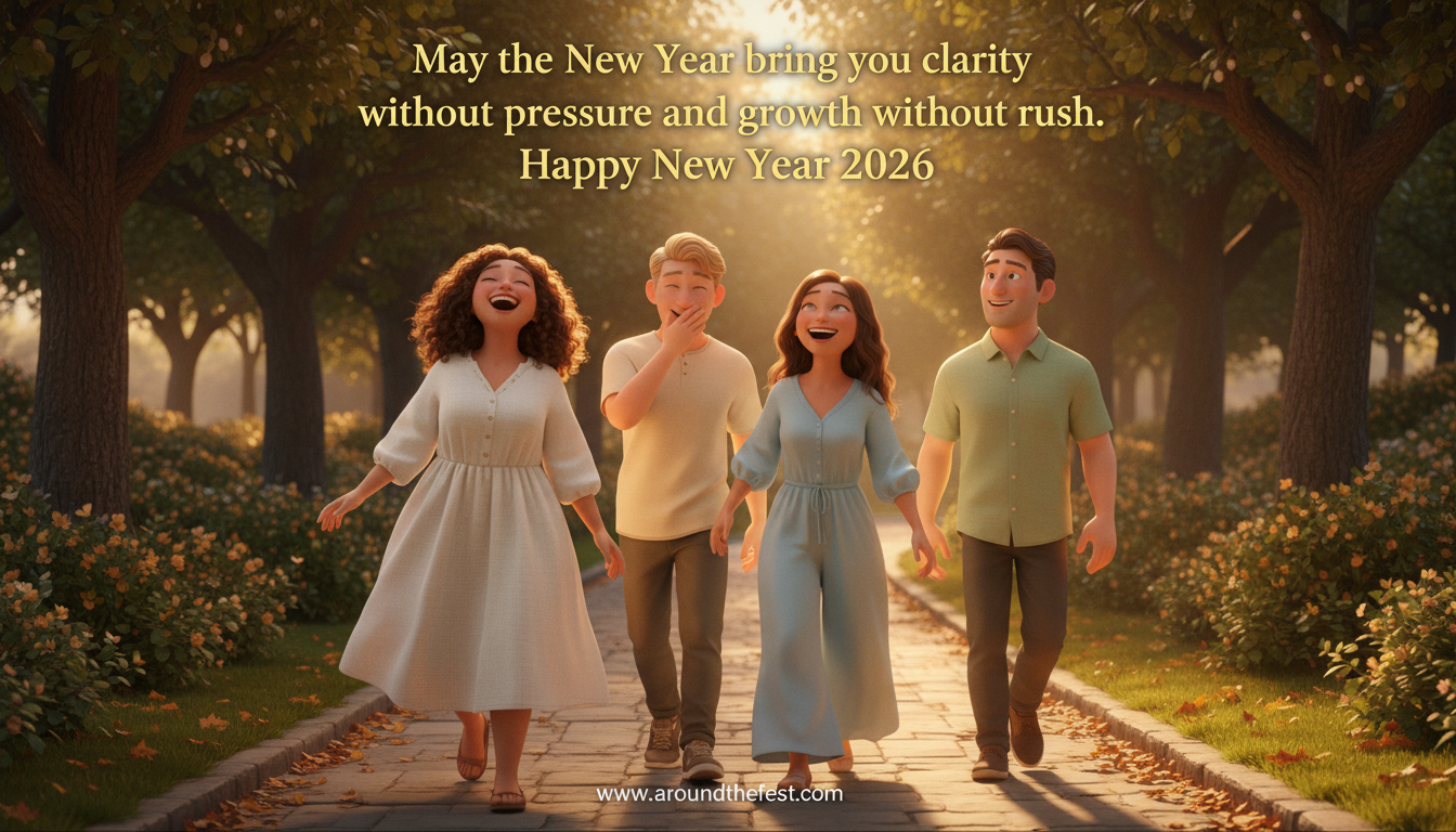 Friends laughing together while walking in sunlight, symbolizing easy joy and genuine connection.Happy New Year Wishes 2026