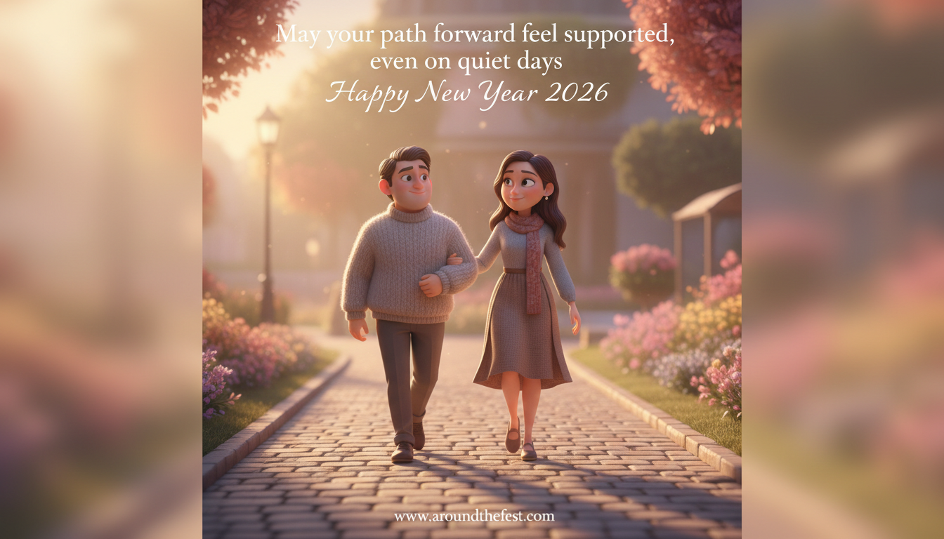 Two friends walking together in soft evening light, symbolizing quiet support and friendship in the Happy New Year Wishes 2026