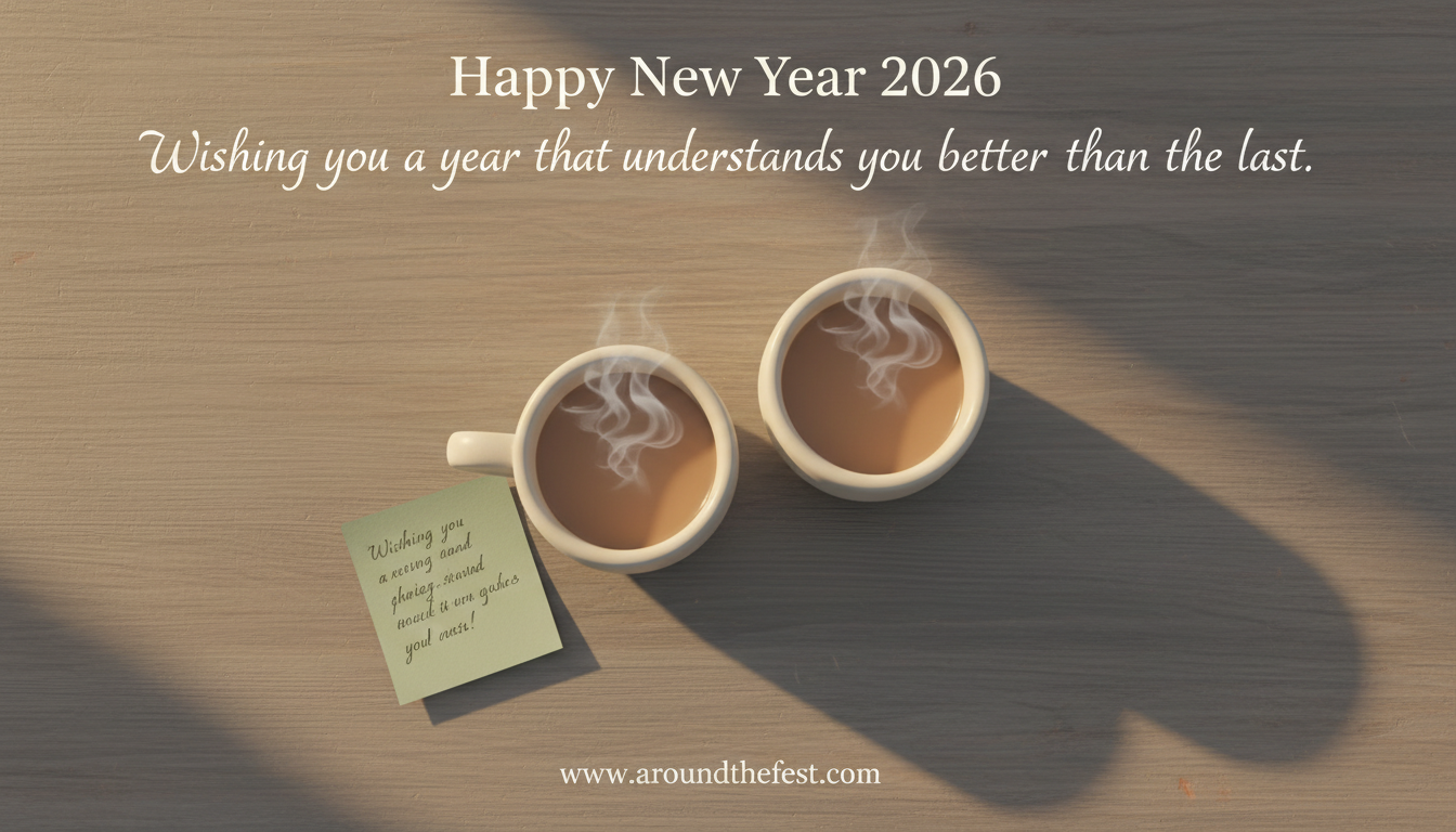 Two warm cups on a quiet table with a small note, symbolizing friendship, care, and feeling understood in the New Year.