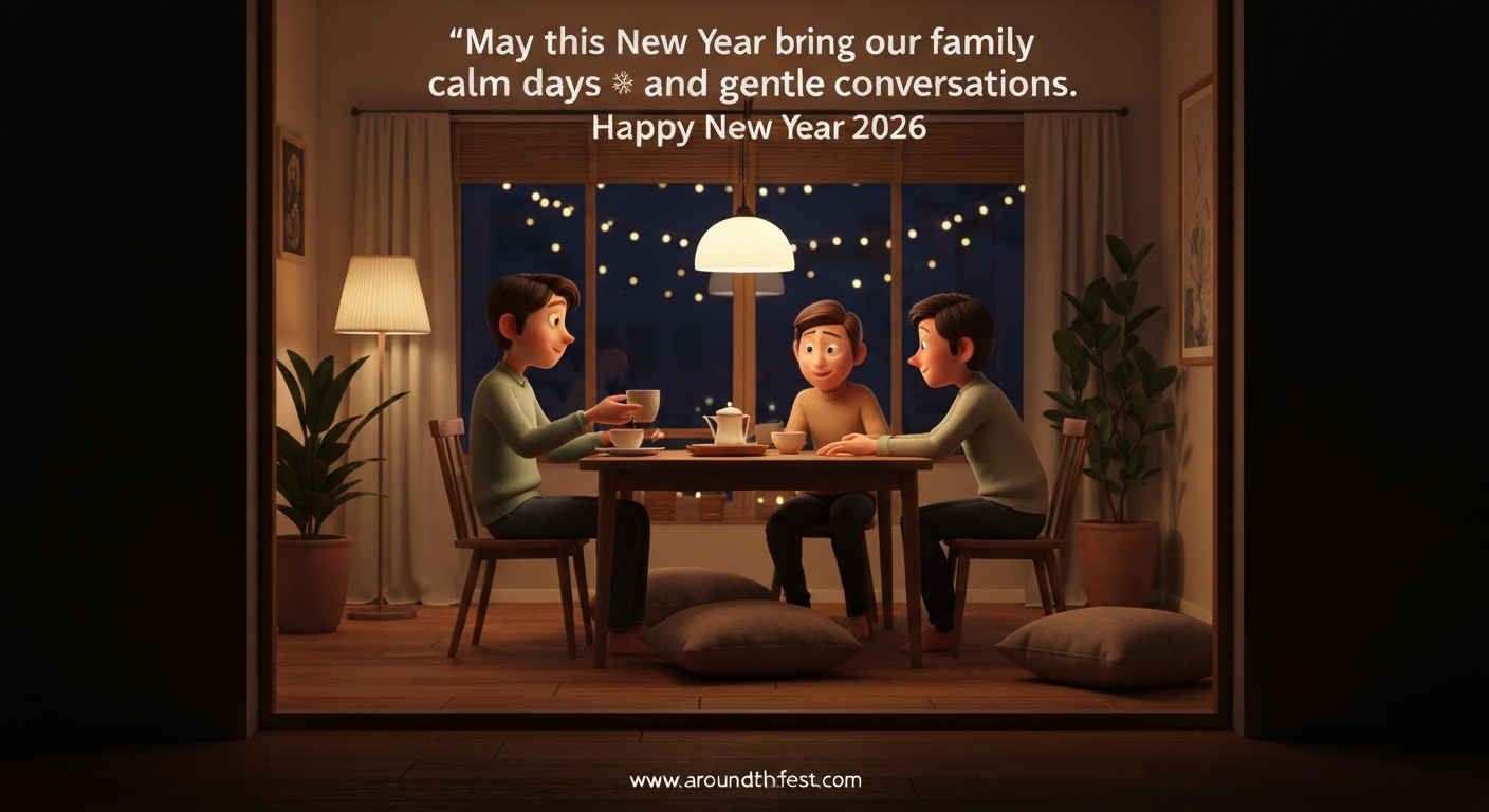 Warm family home scene with soft lighting and quiet togetherness, symbolizing calm days and peaceful conversations in theHappy New Year Wishes 2026