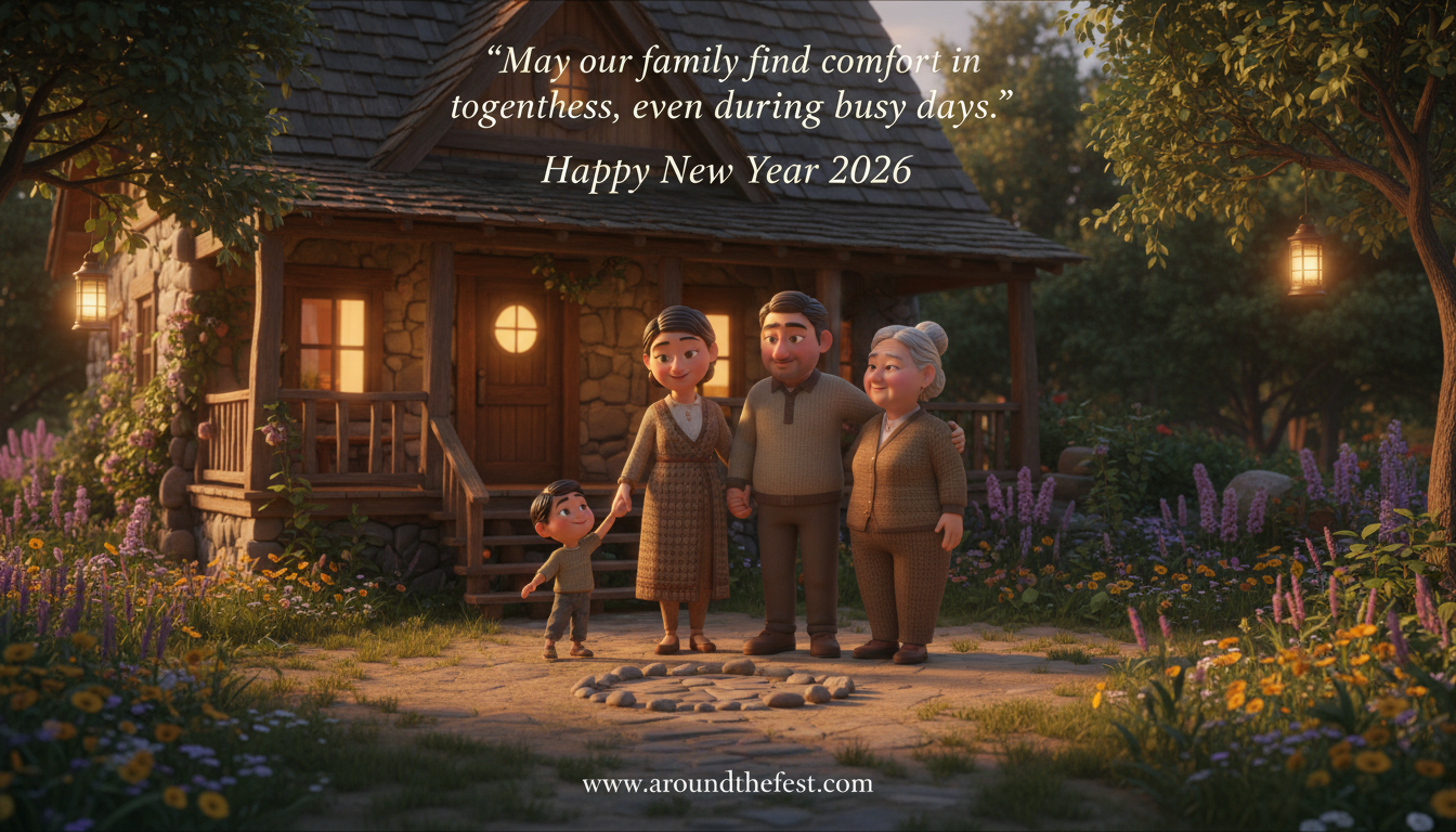 Gentle, cinematic illustration with soft realism. A family gathered just outside their home—in the front yard, courtyard, veranda, or near the gate—standing together in a loose, natural circle. Some hands lightly joined, others resting on shoulders or arms. Multiple generations subtly visible (child, adult, elder). Faces are calm and sincere, not posed or overly smiling. Early morning or late evening light creates a warm, reassuring glow. The home appears softly in the background as a place of belonging, not the focus. Natural colors, soft shadows, uncluttered setting. Mood feels steady, grounding, and emotionally close—togetherness as quiet support, not celebration. High resolution, premium New Year greeting card aesthetic, vertical 4:5 ratio. Overlay Quote (soft serif or clean handwritten font): “May our family find comfort in togetherness, even during busy days.”Happy New Year Wishes 2026