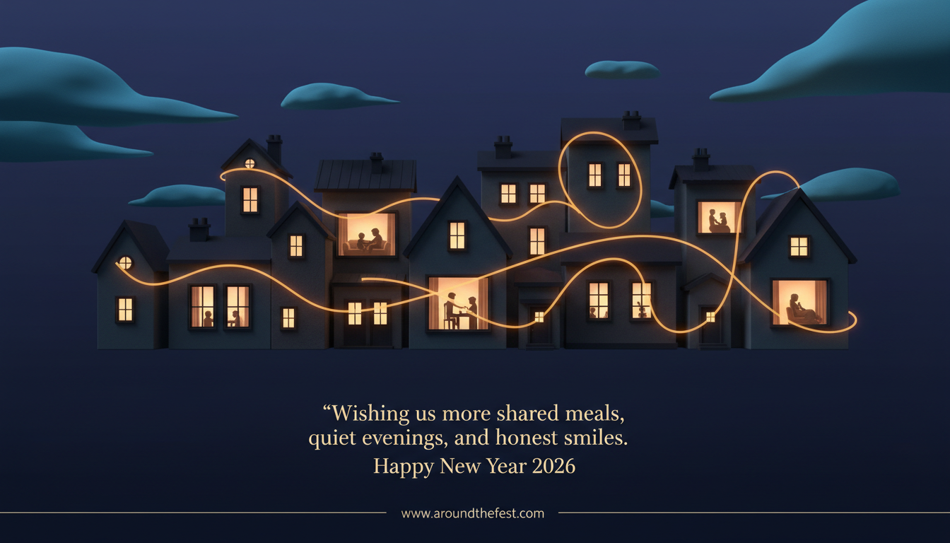 Softly lit windows connected by warm light, symbolizing family members sharing life and connection across quiet moments.