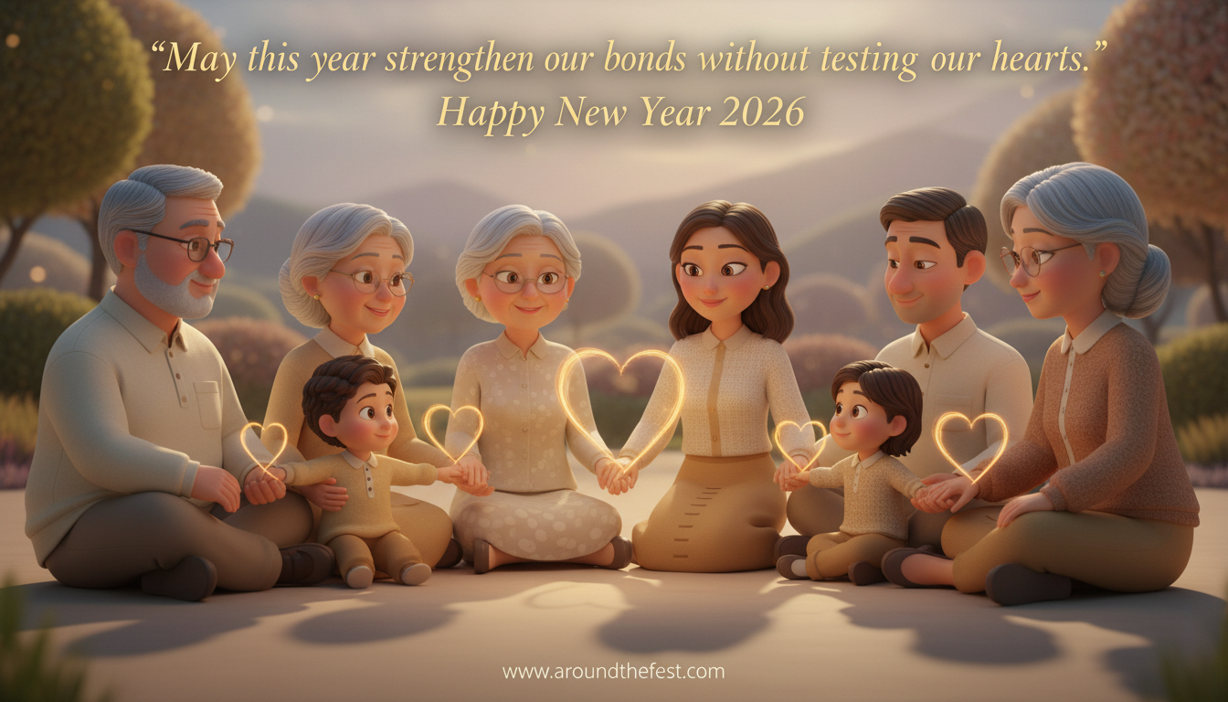 Family standing closely together with subtle heart-shaped light between them, symbolizing gentle love and strengthened bonds in the New Year.