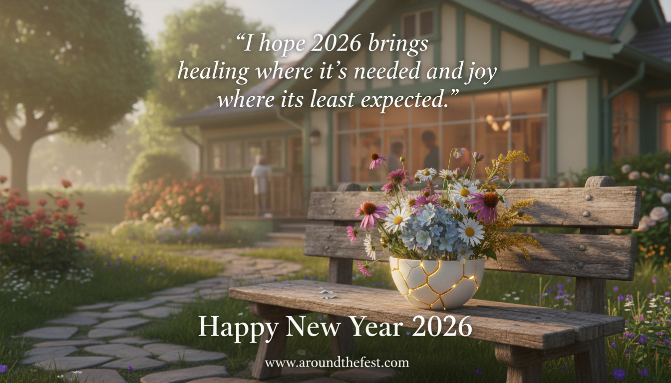 A repaired ceramic bowl with flowers in a quiet garden, symbolizing family healing, renewal, and unexpected joy in 2026.