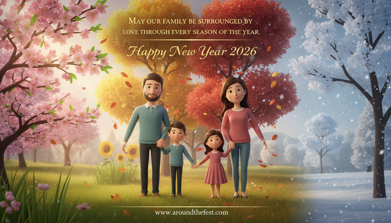 A family standing together as the four seasons change around them, symbolizing enduring love and togetherness all year long.