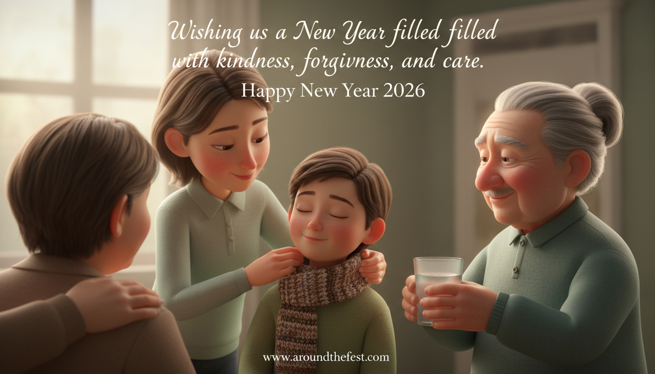 Family members sharing gentle, caring gestures that express kindness, forgiveness, and love in the New Year.