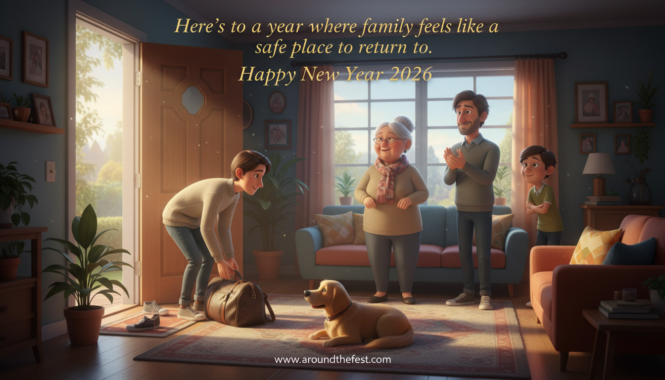 Family calmly welcoming a loved one home, expressing safety, acceptance, and belonging in the New Year.