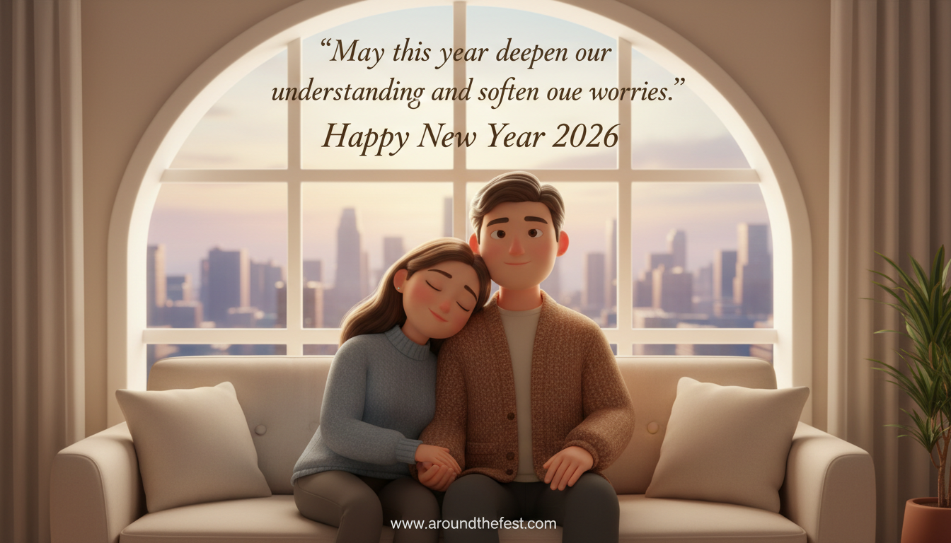 A couple sitting quietly together in soft light, expressing emotional closeness, understanding, and calm for the year ahead.