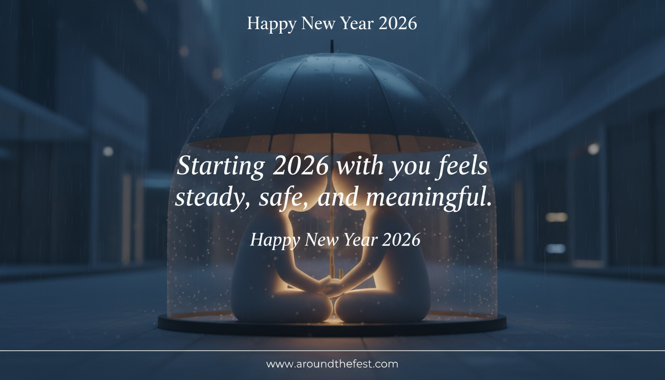 A couple standing close together under a shared umbrella in light rain, symbolizing steadiness, safety, and meaningful companionship at the start of 2026.