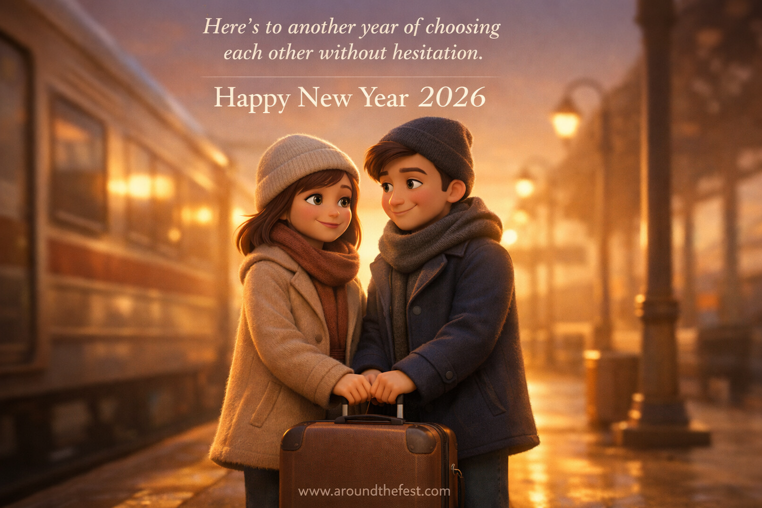 A couple standing together at a quiet sunrise train platform, hands joined on a shared suitcase, symbolizing commitment and choosing one another in the New Year.
