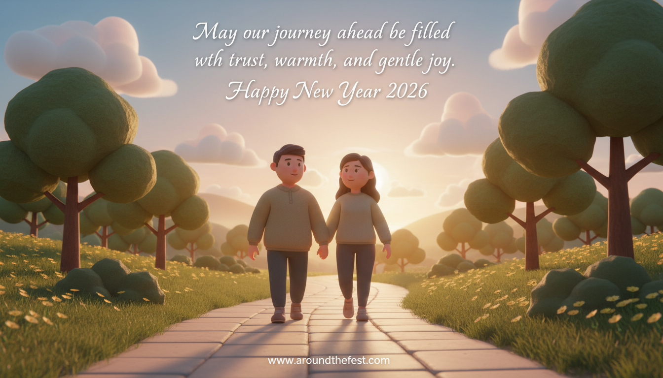 A couple walking together along a calm path toward warm light, symbolizing a shared journey filled with trust, warmth, and gentle joy in the New Year.
