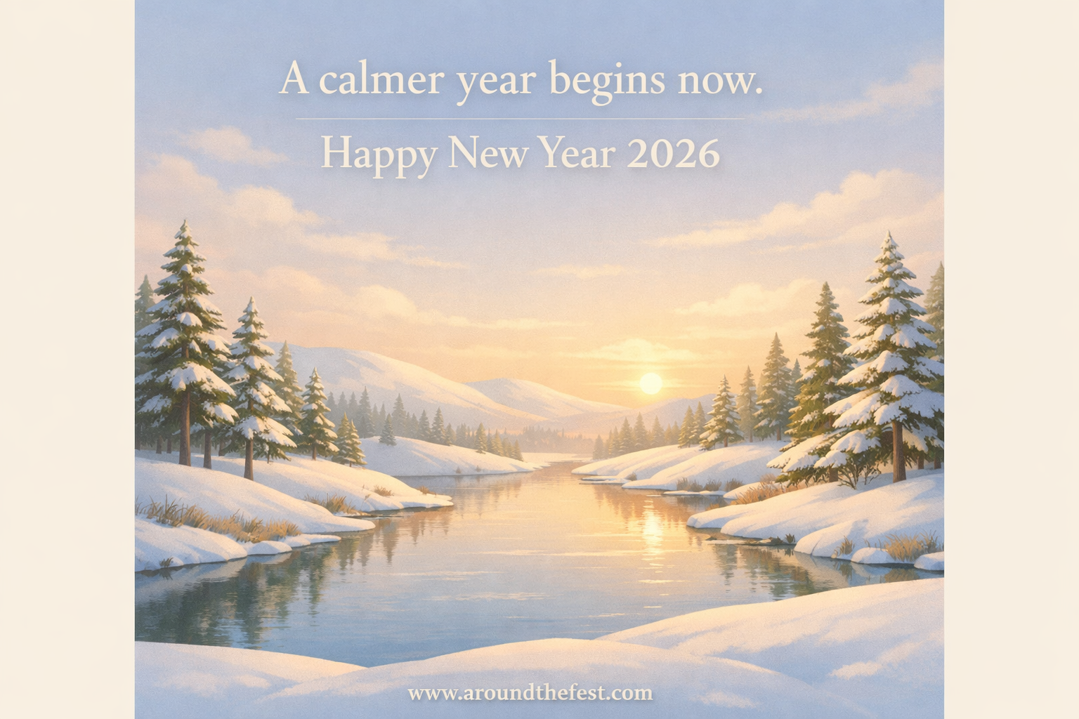 Peaceful winter landscape at sunrise with snow-covered trees and a calm river, symbolizing a gentle and hopeful New Year.