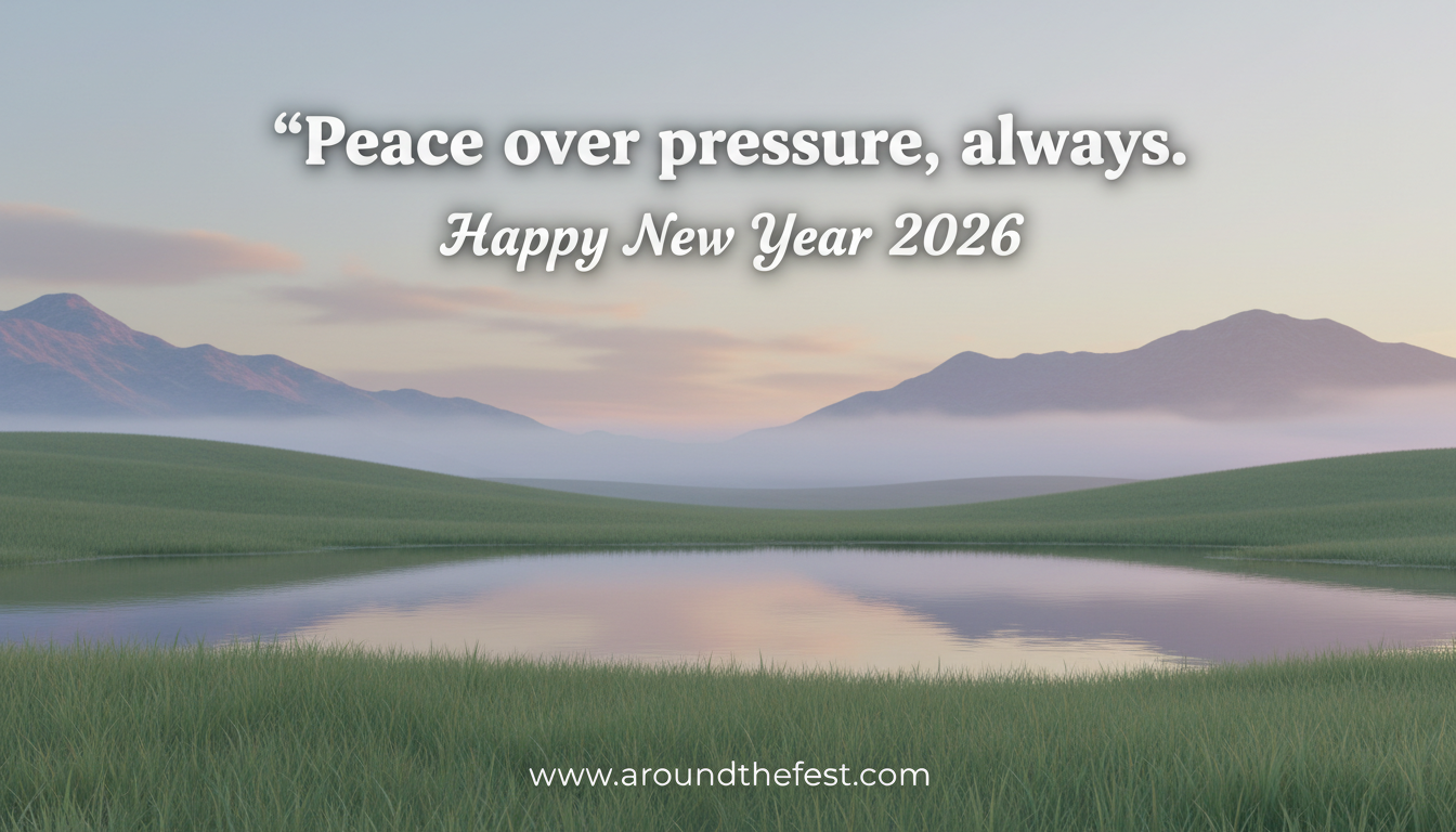 A calm lake and open meadow under a soft morning sky, symbolizing peace, balance, and a gentle start to the New Year.