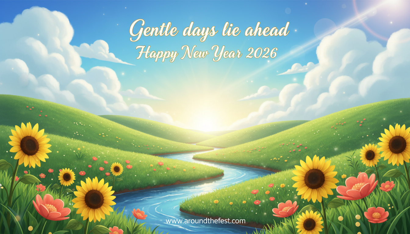 Bright scenic illustration of a sunlit valley with green hills, flowing river, and blooming flowers under a clear sky, symbolizing optimism and gentle days in the New Year.