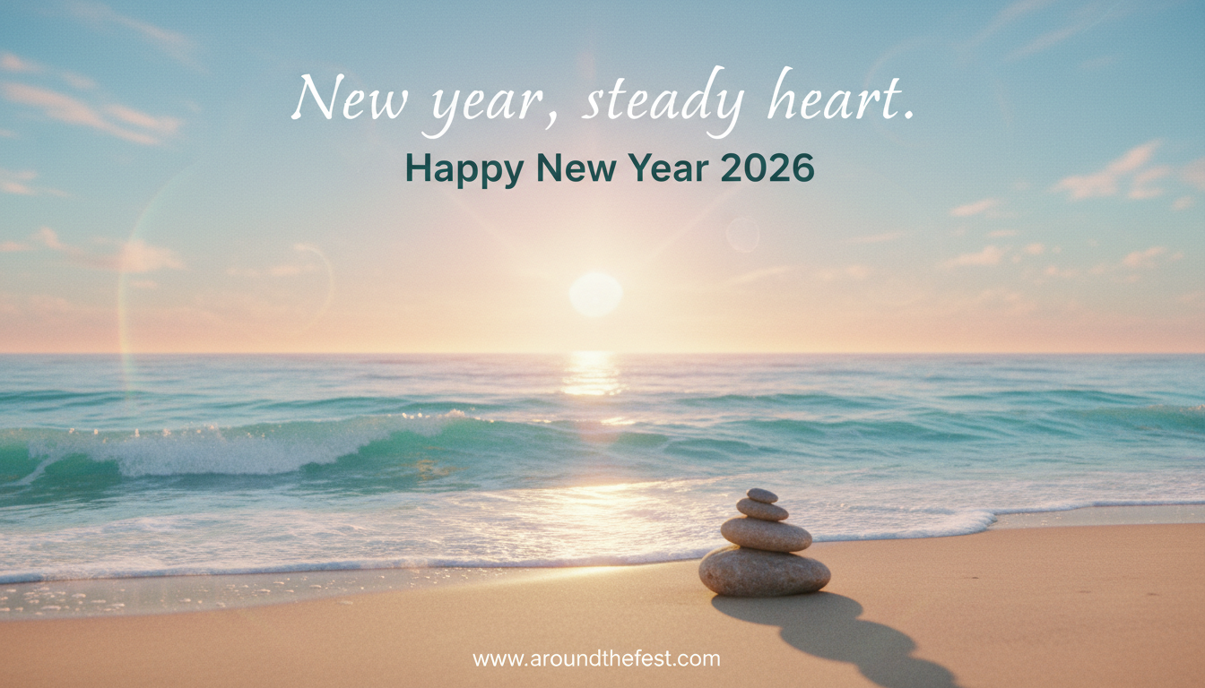 Calm ocean shoreline at sunrise with warm light and a balanced stone near the water, symbolizing steadiness and calm for the New Year.