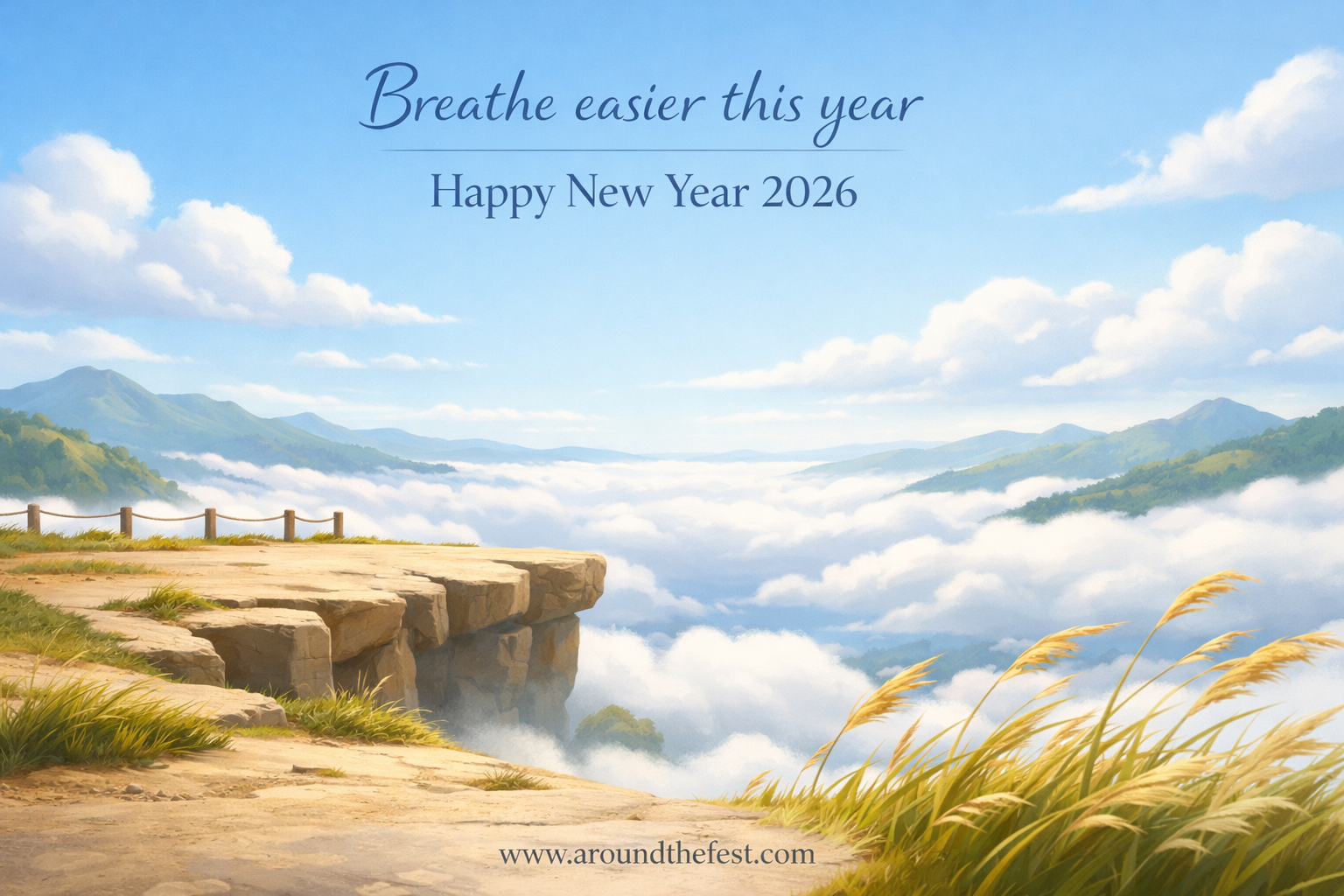 Wide open landscape with an expansive sky and soft clouds, creating a sense of calm, openness, and easy breathing for the New Year.