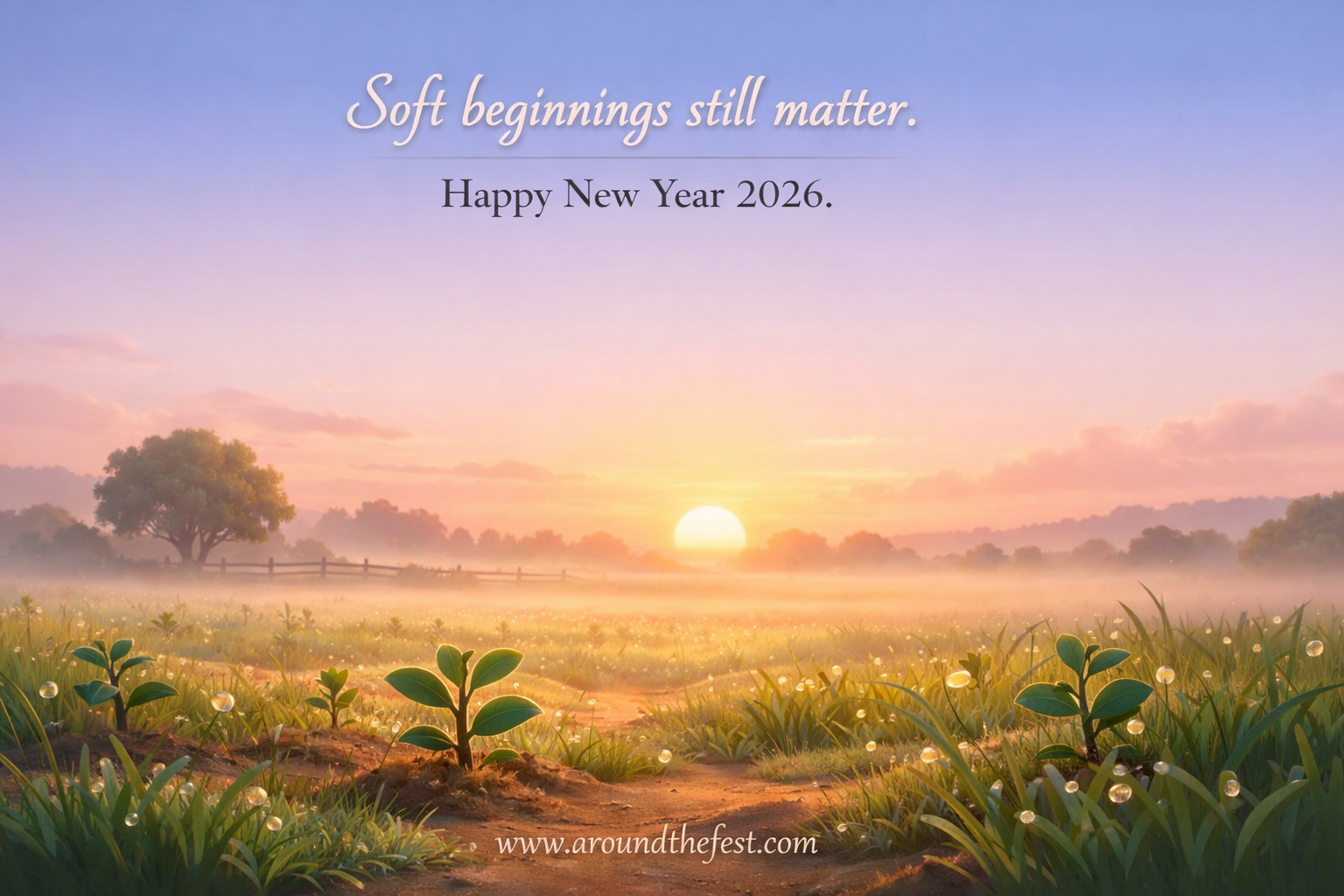 A peaceful sunrise over a misty field with gentle light and fresh greenery, symbolizing soft beginnings and quiet importance in the New Year.