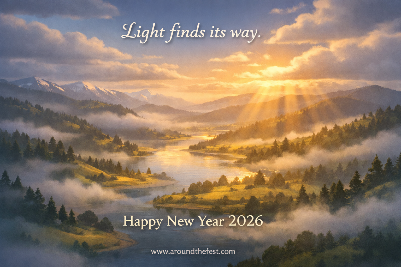 Soft sunlight breaking through clouds over a calm landscape, symbolizing hope and light finding its way forward.