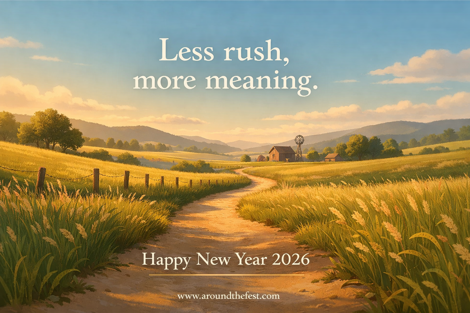 A quiet winding road through open countryside at golden hour, symbolizing a slower pace and deeper meaning.