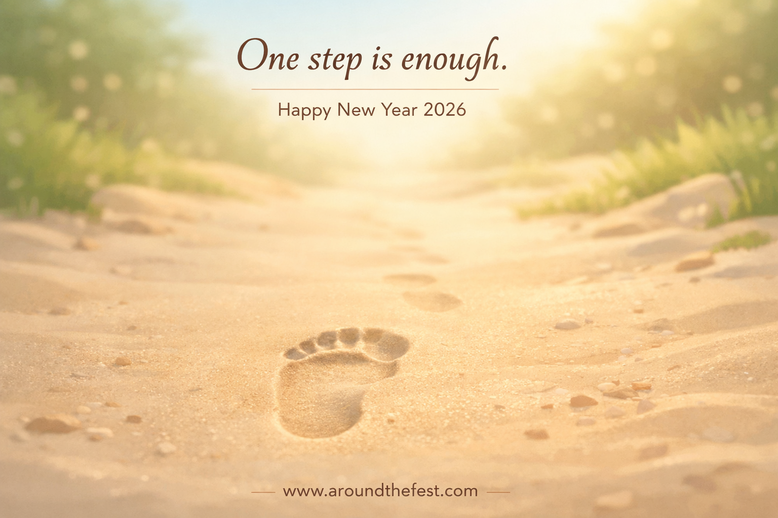 A calm path with a single visible step leading toward soft morning light, symbolizing gentle progress and reassurance that one step is enough.