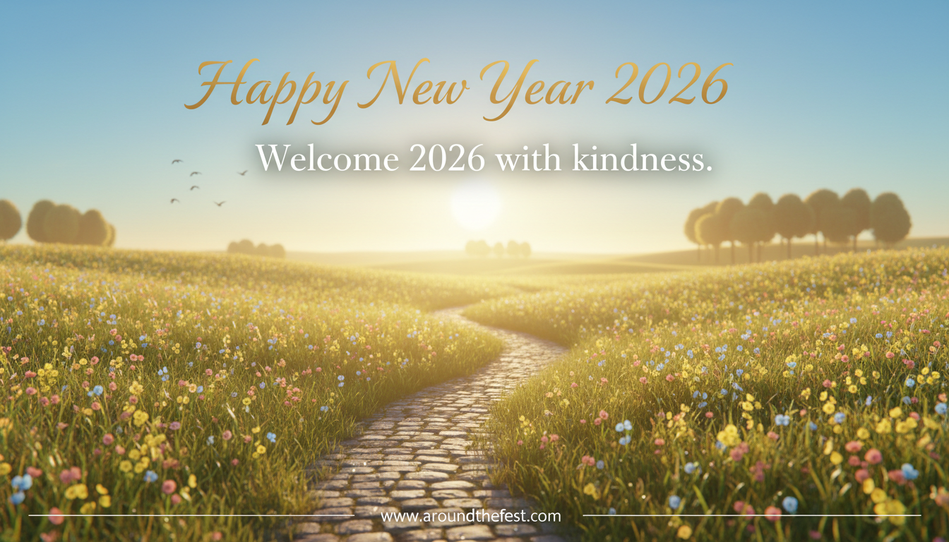 Happy New Year Wishes 2026 A bright sunlit meadow with flowers and an open path under a clear sky, symbolizing kindness and a gentle welcome to 2026.