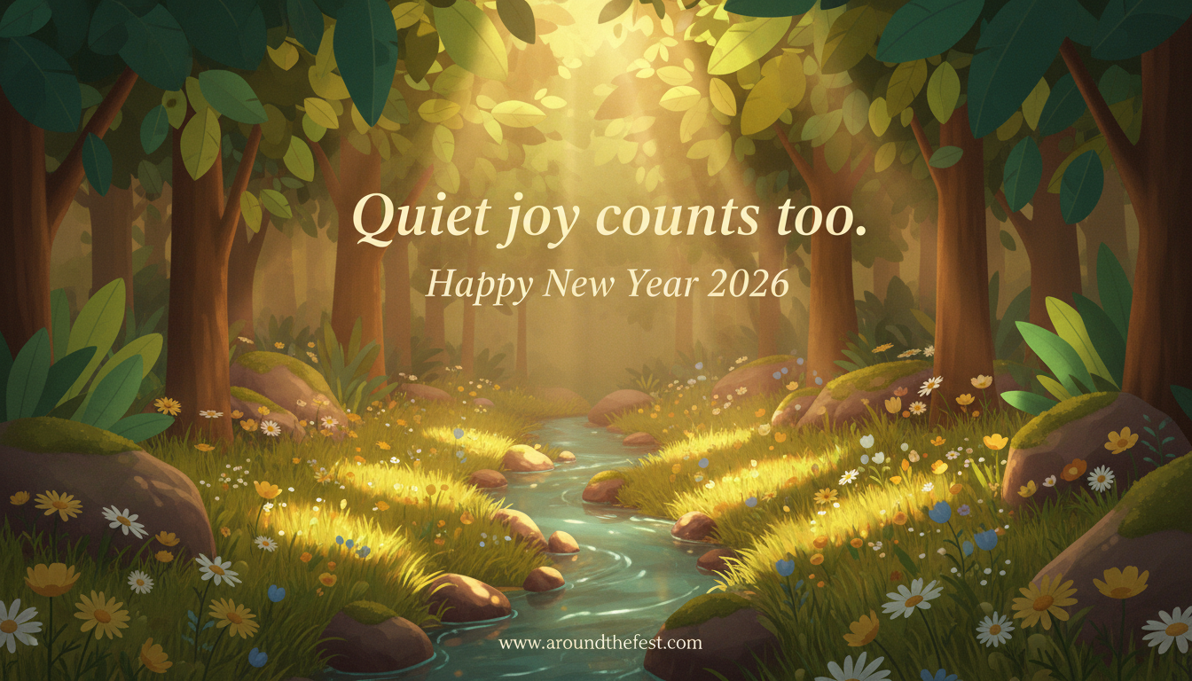 Sunlight softly filtering through trees onto a peaceful clearing, symbolizing gentle happiness and quiet joy.