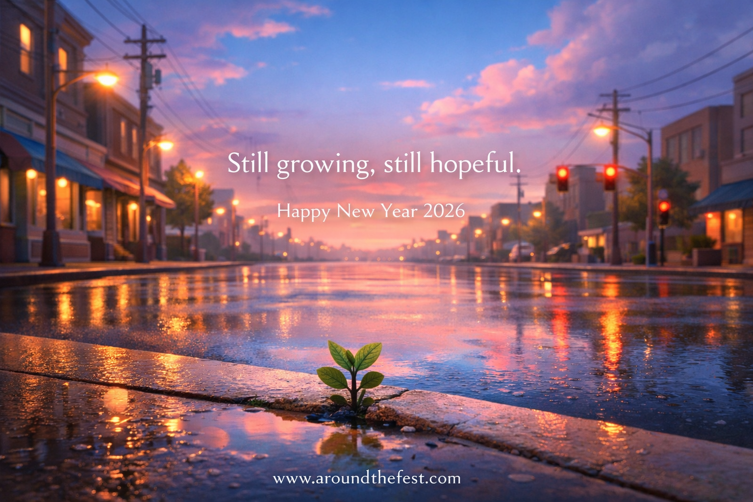Happy New Year Wishes 2026 A rain-cleared city street at dawn with soft reflections and a small plant emerging, symbolizing quiet growth and renewed hope.