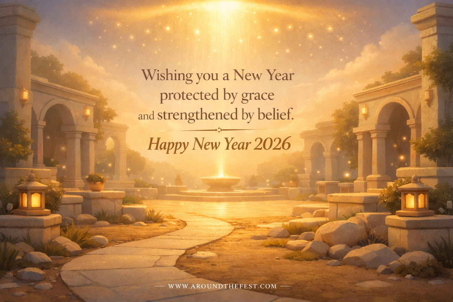 oft divine light illuminating a peaceful path at dawn, symbolizing grace, spiritual protection, and strengthened belief in the New Year.