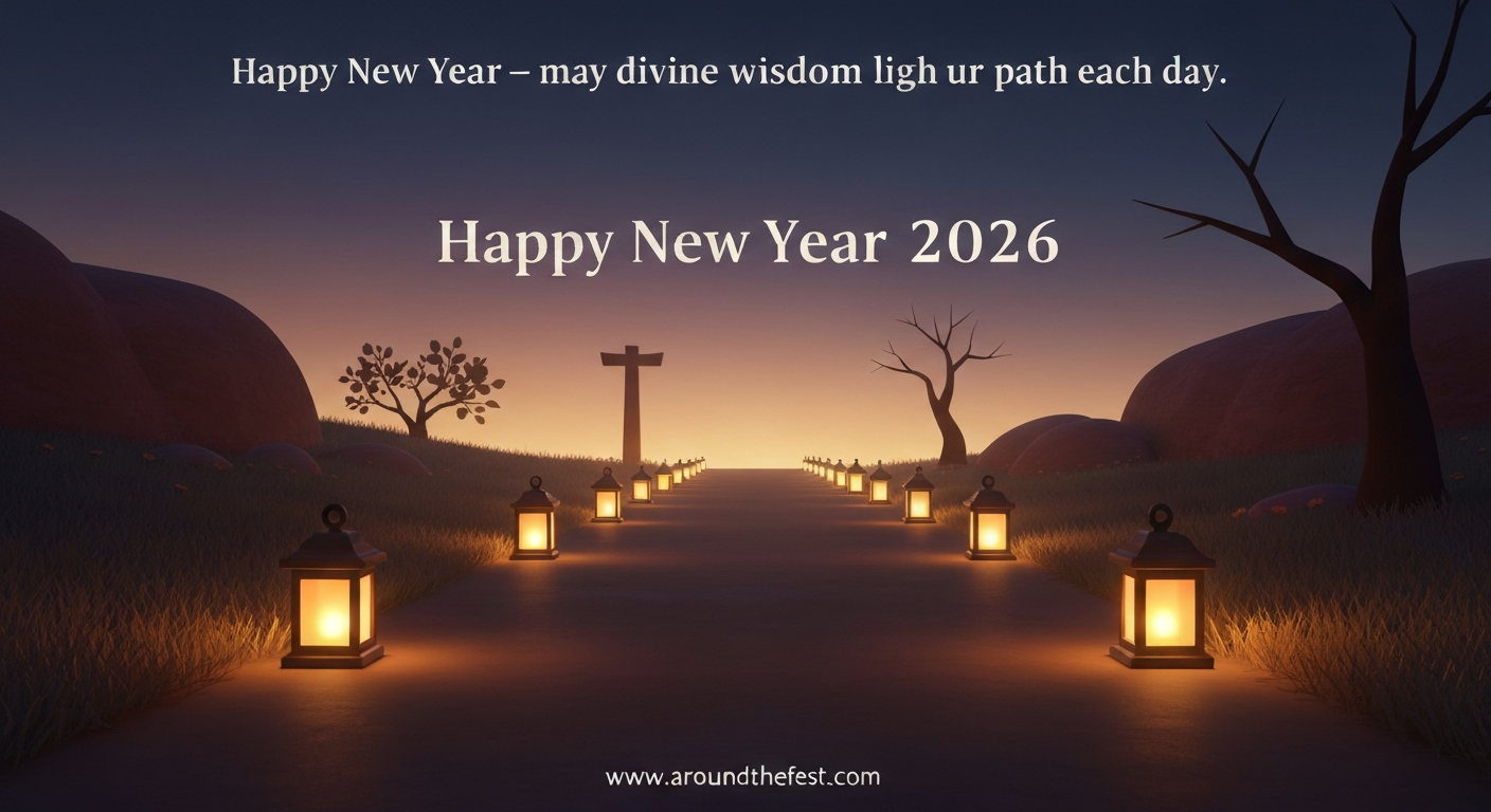 A softly lit path with gentle lanterns leading forward into morning light, symbolizing divine wisdom and daily spiritual guidance in the New Year.