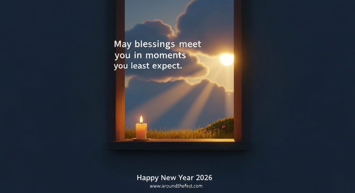 Happy New Year Wishes 2026 Soft sunlight unexpectedly illuminating a quiet space, symbolizing gentle blessings arriving at unexpected moments in the New Year.