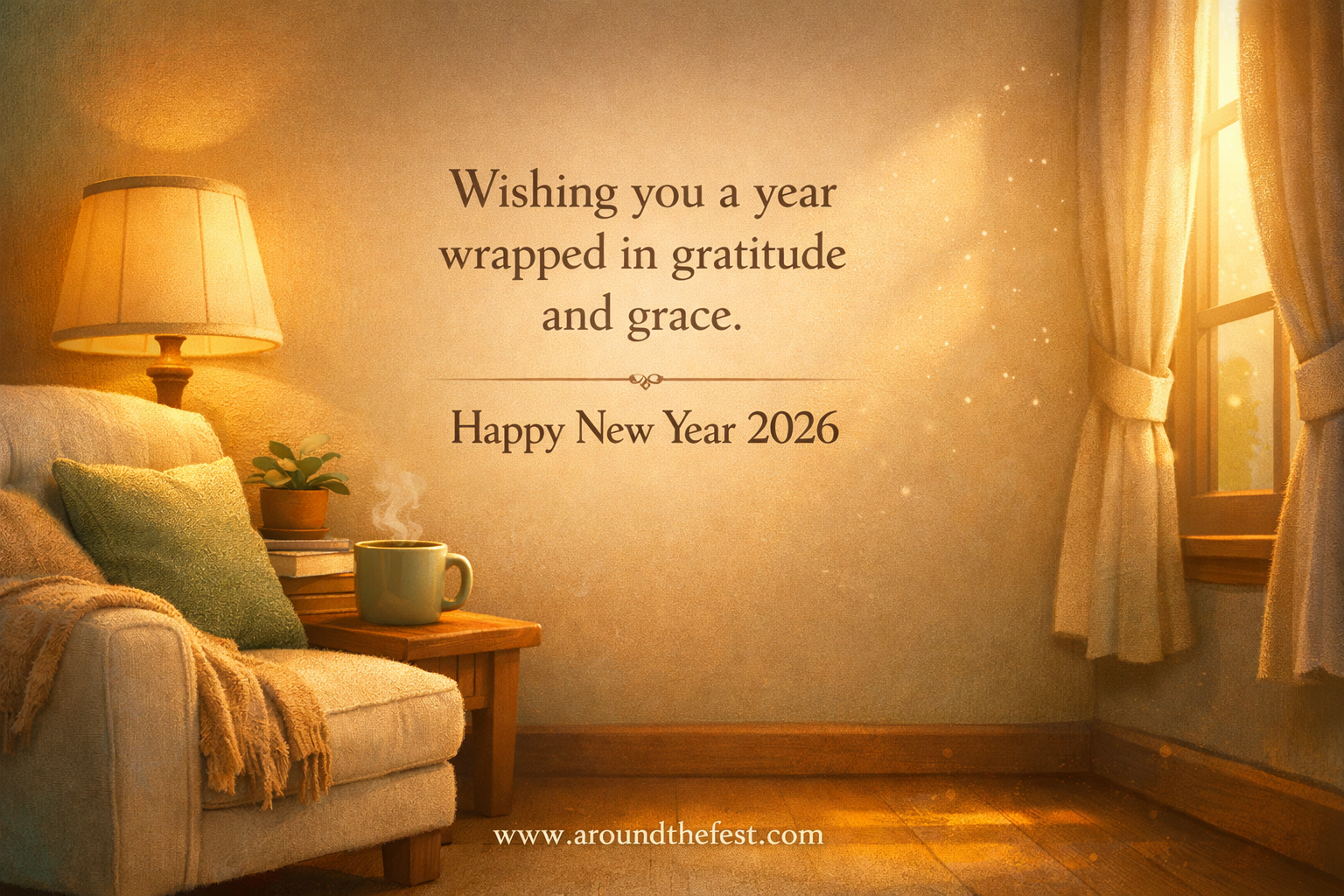 Happy New Year Wishes 2026 Soft warm light gently surrounding a calm space, symbolizing gratitude, grace, and a peaceful New Year ahead